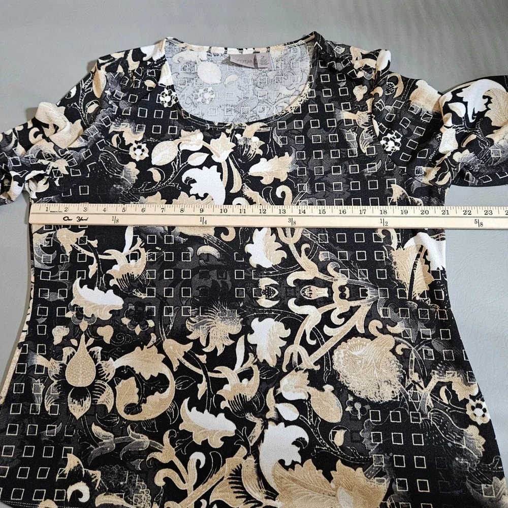 Easywear by Chicos Top Size 2 Large Black Tan Geometric Scroll 3/4 Sleeve Blouse